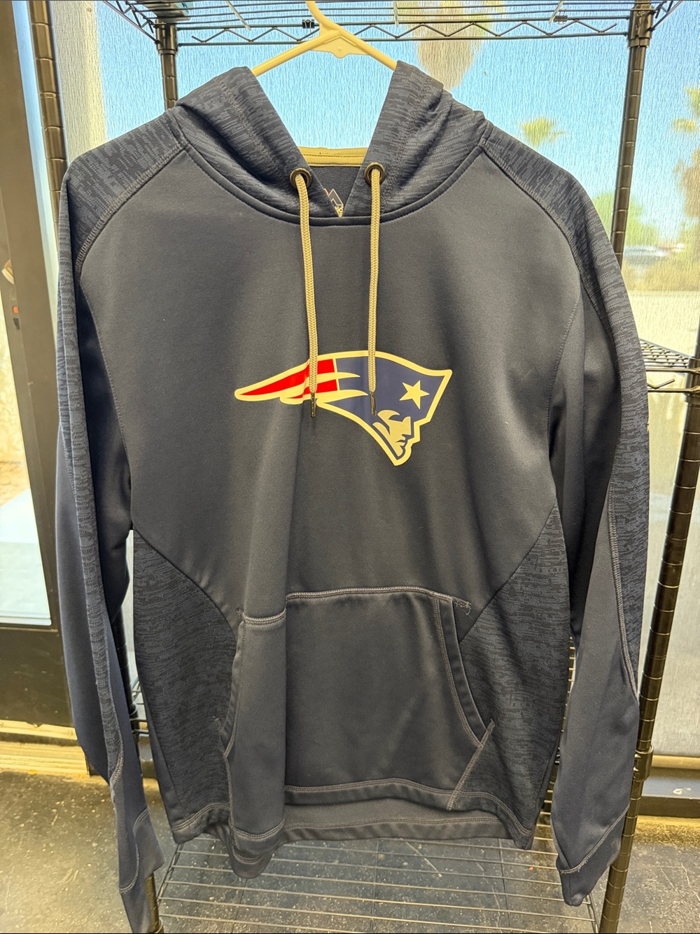 Majestic Navy Pullover Hoodie with Red, Gold & White Patriots Logo